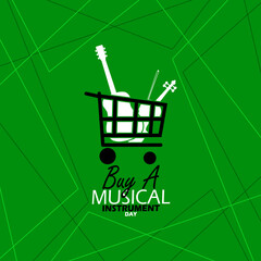 Buy A Musical Instrument Day event banner. A shopping cart with a guitar and violin on green background to celebrate on May 22nd