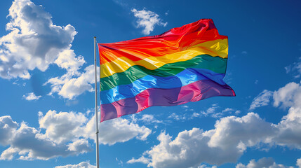 Rainbow Flag Waving in the Wind in Blue Sky. Gay Pride Celebration Symbol. Equality, Diversity, Freedom, Human Rights Activism. Inclusive Community. Outdoors