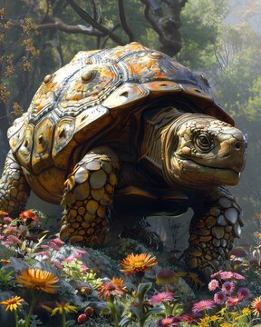 Glyptodon Turtles Basking in Ornate Flower Garden by the Lakeside