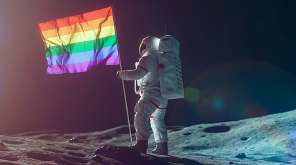 Astronaut Placing Rainbow Flag on the Moon, Future History Milestone, Human Rights Dream, Iconic Photo Interpretation. Equality, Support, Activism, Gay Pride. Technology Era, Progress, Space Travel