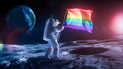 Astronaut Placing Rainbow Flag on the Moon, Future History Milestone, Human Rights Dream, Iconic Photo Interpretation. Equality, Support, Activism, Gay Pride. Technology Era, Progress, Space Travel
