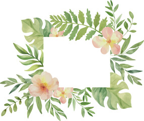Fototapeta premium Vector Watercolor savannah frame with pink flowers, monstera leaves. Template space for text. Greeting cards, invitation, gender party, baby shower, birthday, event, holiday, wedding card, printable
