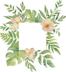 Obraz premium Vector Watercolor Jungle frame with pink flowers, monstera leaves. Template space for text. Greeting cards, invitation, gender party, baby shower, birthday, event, holiday, wedding, printable, png.