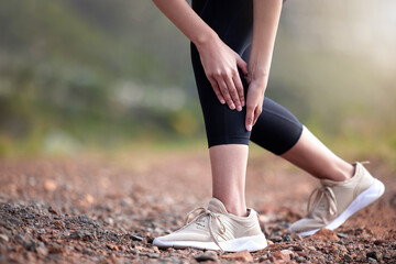 Hands, leg pain and injury outdoor from workout, accident or training for health in nature. Calf,...
