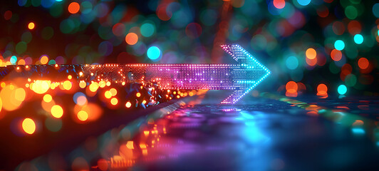  3d render, abstract neon arrow pointing right direction. Telecommunication technology concept