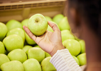 Apple, hand and grocery for shopping person, fruits and supermarket for retail and customer. Vegan,...