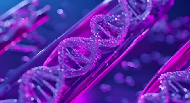 "Biotechnology: D Animation of Magnified DNA Strands in a Test Tube". Concept Biotechnology, 3D Animation, DNA Strands, Test Tube, Magnified