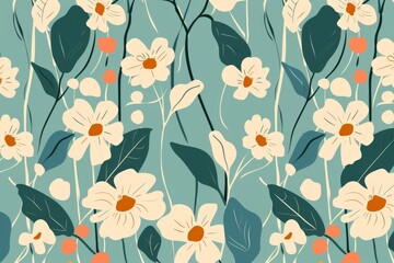 Seamless pattern with flowers and leaves. Hand-drawn . Floral pattern for wallpaper or fabric. Flowers and leaves. Texture background.. Beautiful simple AI generated image in 4K, unique.
