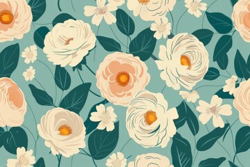 Seamless pattern with flowers and leaves. Hand-drawn . Floral pattern for wallpaper or fabric. Flowers and leaves. Texture background.. Beautiful simple AI generated image in 4K, unique.