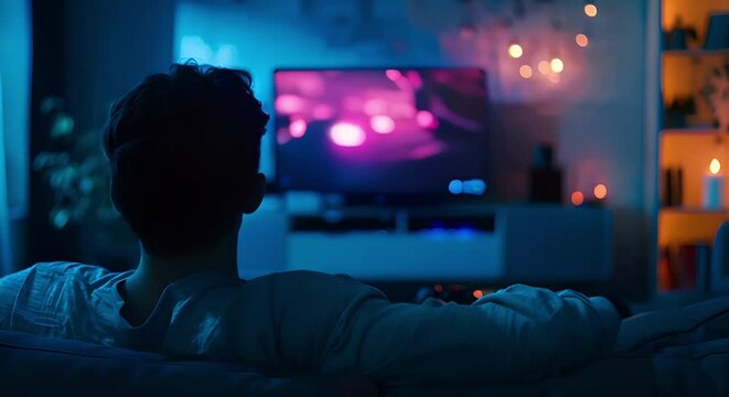 Man watching TV on couch possibly streaming or gaming Limited field of view. Concept Watching TV, Streaming, Gaming, Limited Field of View, Relaxing at Home