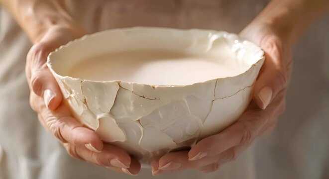 Female hands repair antique white porcelain bowl with traditional Japanese kintsugi method. Concept Japanese Kintsugi, Antique Porcelain Bowl, Repair, Female Hands, Traditional Craftsmanship