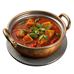 Overhead shot of Chicken tikka masala baked in little pan. Isolated on white with clipping path
