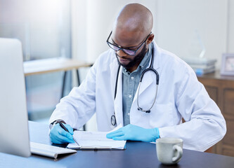 Black man, doctor and clipboard at desk in office for patient in medical field for checkup with computer. Hospital, stethoscope and research for clinical trials with generative ai for innovation