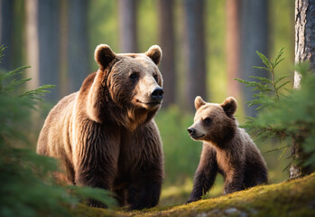 Fototapeta premium A mother bear and her cub stand at the edge of a forest, their fur glowing in the dappled sunlight. This tender scene captures the essence of wild family bonds and the beauty of nature.