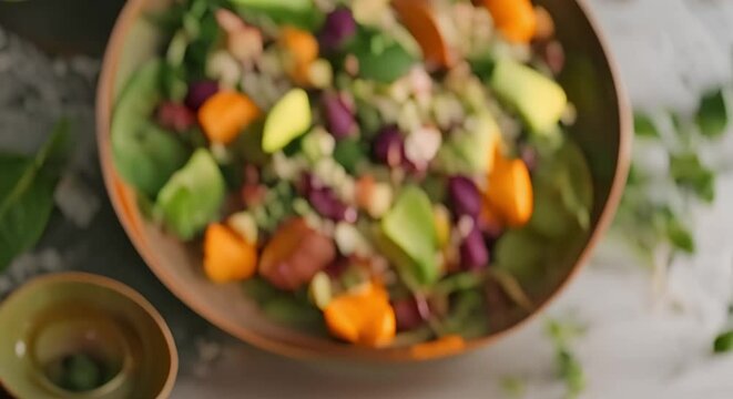 Healthy vegan salad with quinoa avocado sweet potato beans herbs and spinach. Concept Quinoa Salad, Vegan Recipe, Avocado, Sweet Potato, Beans, Spinach, Healthy Eating, Herb Dressing