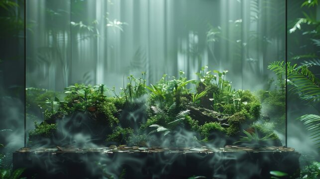 A plant ecosystem in a rectangle terrarium with lots of green plants, on the floor is water wood and rocks, in the terrarium is also some smoke, futuristic. Generative AI.