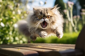 Obraz premium Lifestyle portrait photography of a happy persian cat sprinting isolated in picturesque park bench