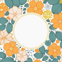 coloful floral pattern orange green flowers leaves abstract background with round frame blank space
