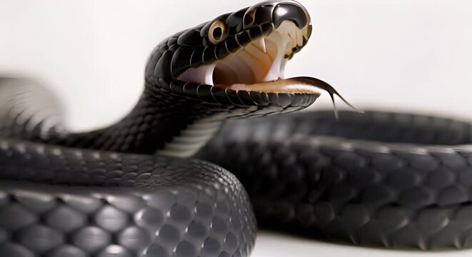 Closeup of black mamba snake with open mouth against white background. Concept Wildlife Photography, Reptiles, Venomous Snakes, Close-up Shots, Dramatic Animal Portraits