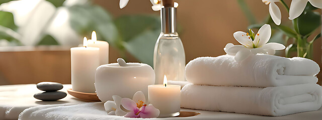  Spa background towel bathroom white luxury concept massage candle bath. Bathroom white wellness spa background towel relax aromatherapy flower accessory Zen therapy aroma beauty setting table salt oi - Powered by Adobe