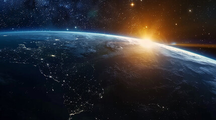 Sunrise, blue light, view from space on Planet Earth at night. World rotating in black Universe in stars.