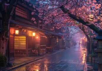 Traditional Japanese street, architecture, minimal, stunning cherry blossoms, clean, created with AI