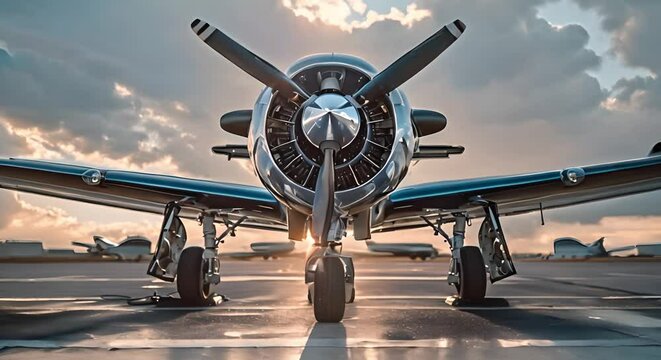Closeup image of propeller plane representing aviation transportation or aircraft mechanics. Concept Aviation Transportation, Propeller Plane, Aircraft Mechanics