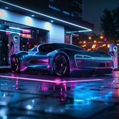 EV car in futuristic vehicle concept Electric car charging station and battery level icon Future transportation Futuristic autonomous car Driverless autonomous vehicle Selfdriving