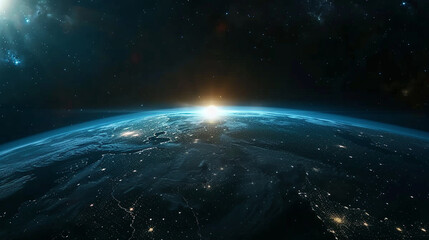 Sunrise, blue light, view from space on Planet Earth at night. World rotating in black Universe in stars.