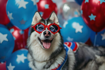 joyful alaskan malamute in star sunglasses celebrating with colorful balloons