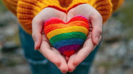 Woman hands hold a woollen rainbow heart. Creative hobby, handmade, colourful DIY crafts. Equality, Diversity, Human Rights, Identity, Freedom. Art Workshop, Inclusive Community Event, LGBTQ+ Pride