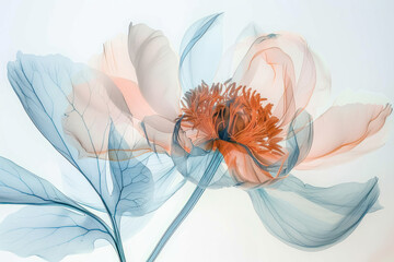 artistic x-ray representation of a blooming peony with detailed stamen and leaves