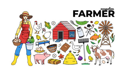 Set of hand drawn happy farmer woman and organic farm, animal, organic production, chicken coop, pig, cow, agriculture