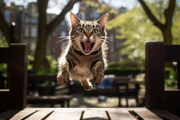 Medium shot portrait photography of a happy tabby cat jumping isolated on picturesque park bench