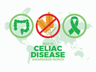 May is Celiac Disease Awareness Month poster vector illustration. Green awareness ribbon and intestine icon. Gluten intolerance symbol. Template for background, banner, card. Important day