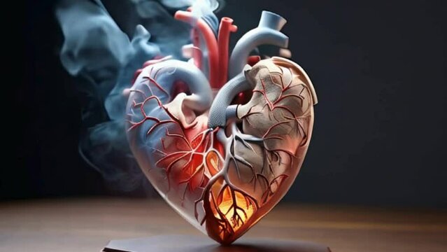 Anatomical Heart on Fire with Smoke Rising, cardiovascular health, smoking harms