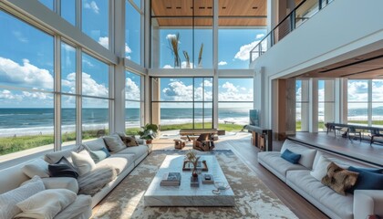Oceanic Oasis: A Contemporary Beachfront Mansion with Expansive Floor-to-Ceiling Windows. Generative AI