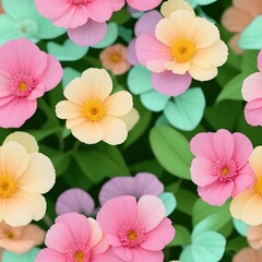 A colorful flower garden with pink, yellow, and green flowers. Seamless pattern background.