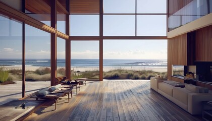 Seamless Serenity: A Photorealistic Vray Render of a Luxurious Beachfront Living Room with Sweeping Ocean Views. Generative AI