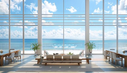 Elegant Coastal Serenity: Luxurious Beachfront Condo with Panoramic Ocean Views and Modern Minimalist Design. Generative AI