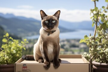 Lifestyle portrait photography of a curious siamese cat box sitting on scenic mountain view