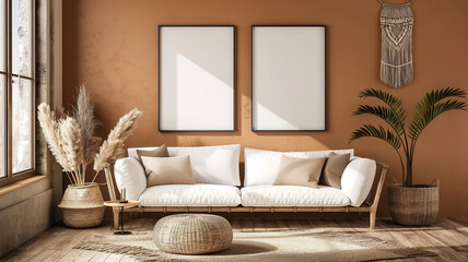 Mock up frame in Earth Tone living room interior, farmhouse style.