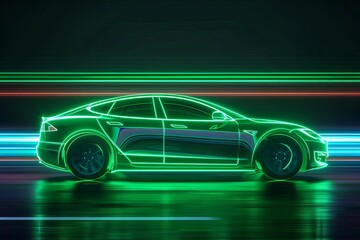 Green neon glowing in the dark electric car on high speed running concept Fast ev silhouette Vector illustration, vintage watercolor illustration