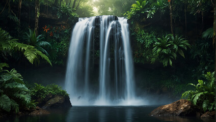 Obraz premium waterfall in a jungle. The waterfall is cascading over a cliff into a pool of water