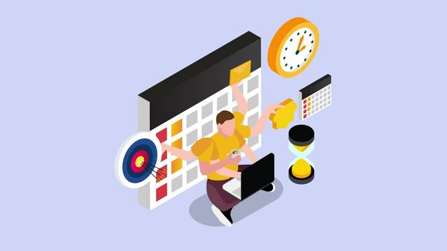  Business man with multitasking skills working on schedule to achieve target 3d animation cartoon