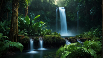 waterfall in a jungle. The waterfall is cascading over a cliff into a pool of water
