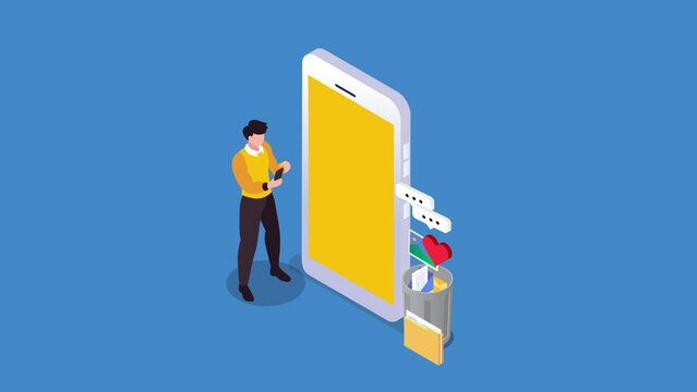 3d anYoung guy deleting unnecessary data from phone memory storage 3d animation cartoon