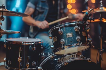 An intense close-up shot capturing the dynamic motion of a drummer playing a drum set on a lively music stage