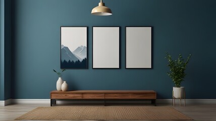3 blank wall art mockup, close-up, blank mockup  blue wall theme