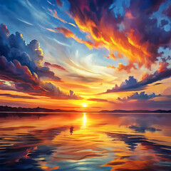A vibrant sunset over a calm ocean casting colorful reflections on the water

